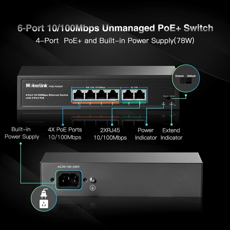 MokerLink 6 Port PoE Switch with 4 Ports PoE+, 2 Fast Ethernet Uplink, 10/100Mbps, 78W High Power, Support IEEE802.3af/at, Fanless Metal Plug & Play PoE+ Network Switch - Image 2